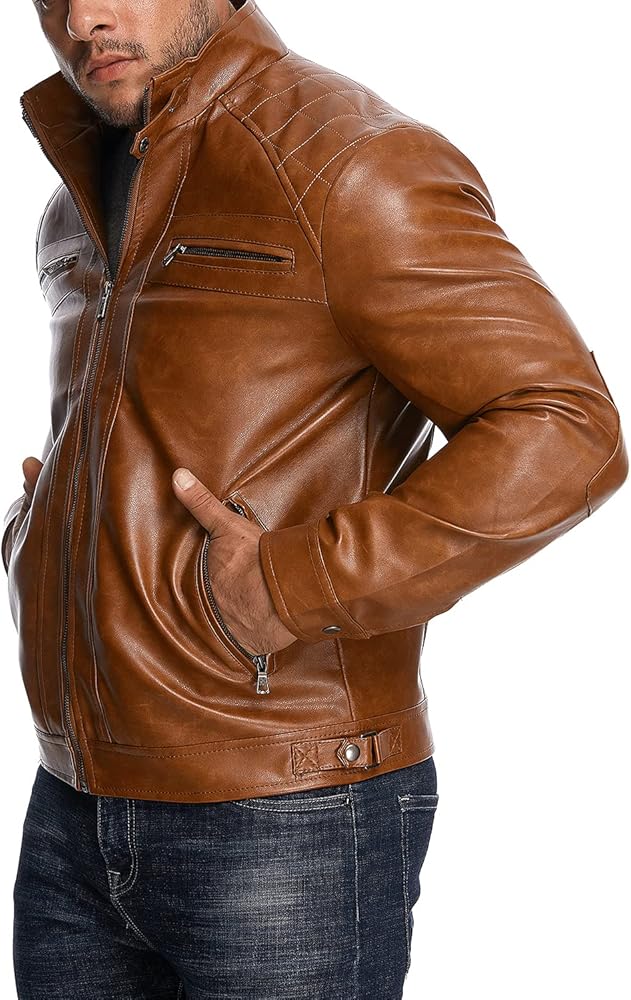 Men’s Tan Leather Biker Jacket with Zip Closure