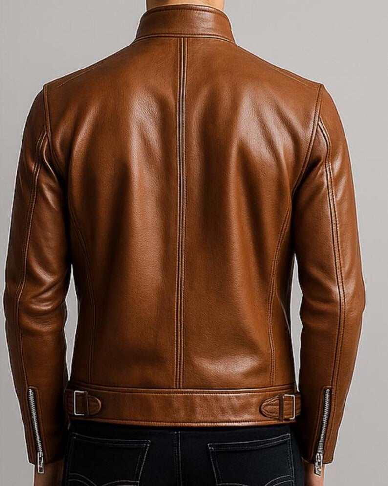 Men’s Tan Leather Biker Jacket with Zip Closure