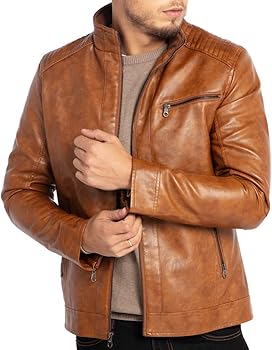 Men’s Tan Leather Biker Jacket with Zip Closure