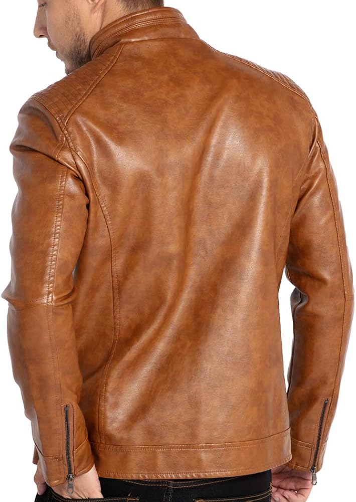 Men’s Tan Leather Biker Jacket with Zip Closure