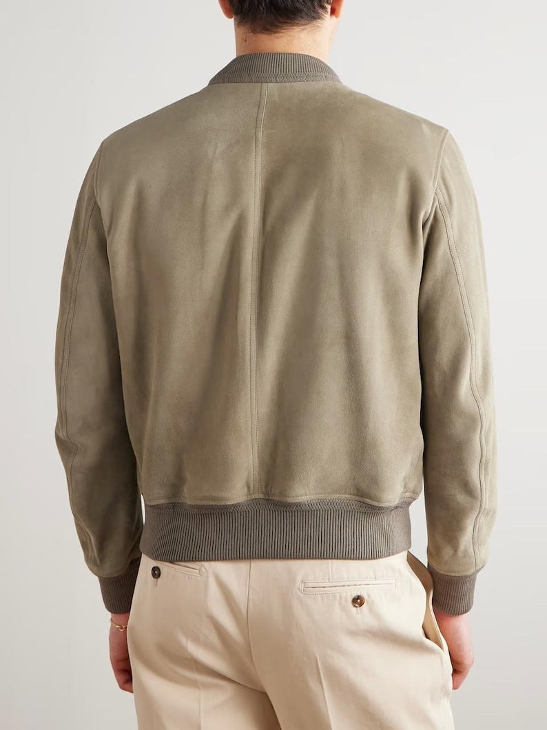 Men’s Beige Suede Bomber Jacket with Zip Pockets