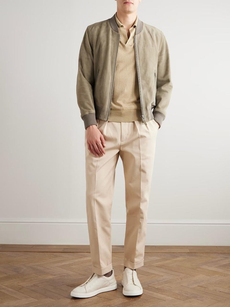 Men’s Beige Suede Bomber Jacket with Zip Pockets