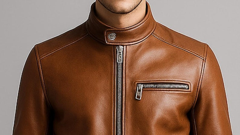 Men’s Tan Leather Biker Jacket with Zip Closure