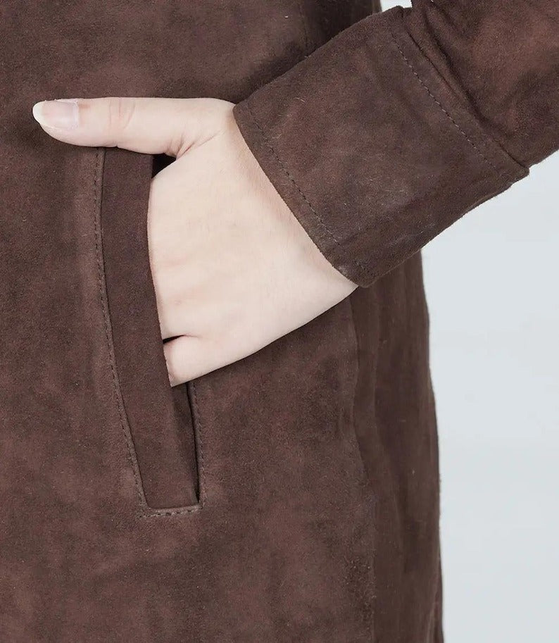 Women’s Classic Brown Suede Leather Long Coat