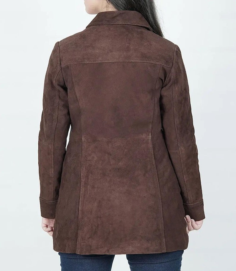 Women’s Classic Brown Suede Leather Long Coat