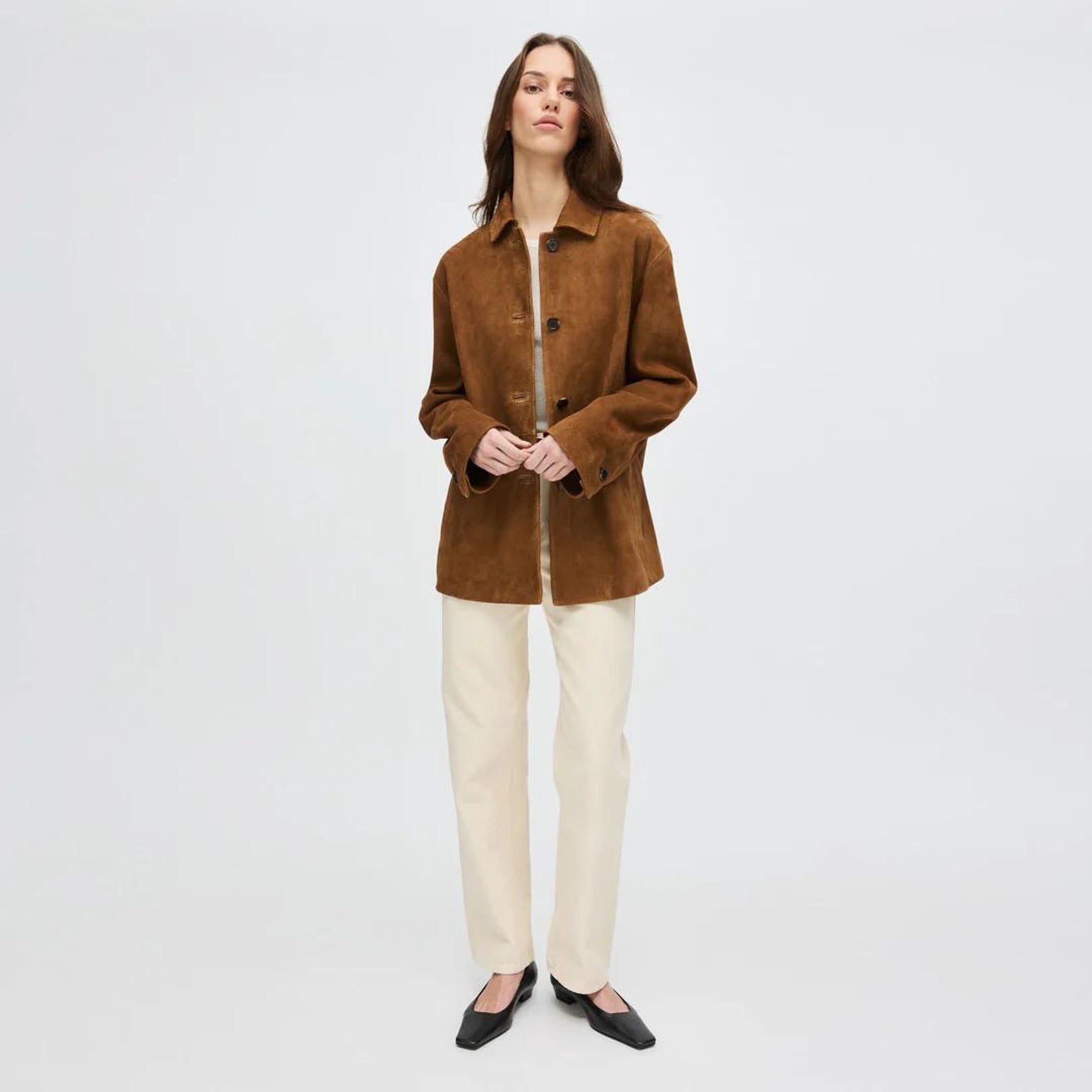 women Brown Suede Button-Up Jacket