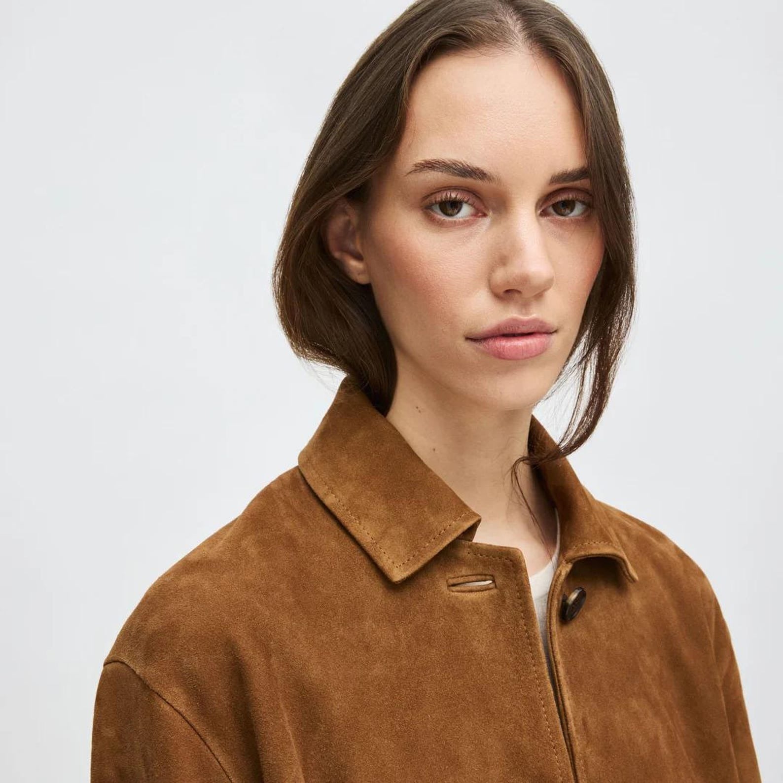 women Brown Suede Button-Up Jacket