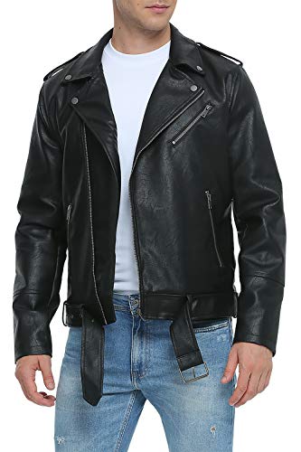 Men’s Classic Black Leather Biker Jacket with Belt