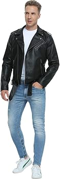 Men’s Classic Black Leather Biker Jacket with Belt