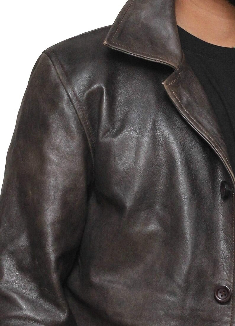 Men’s Dark Brown Leather Coat Jacket with Button Closure