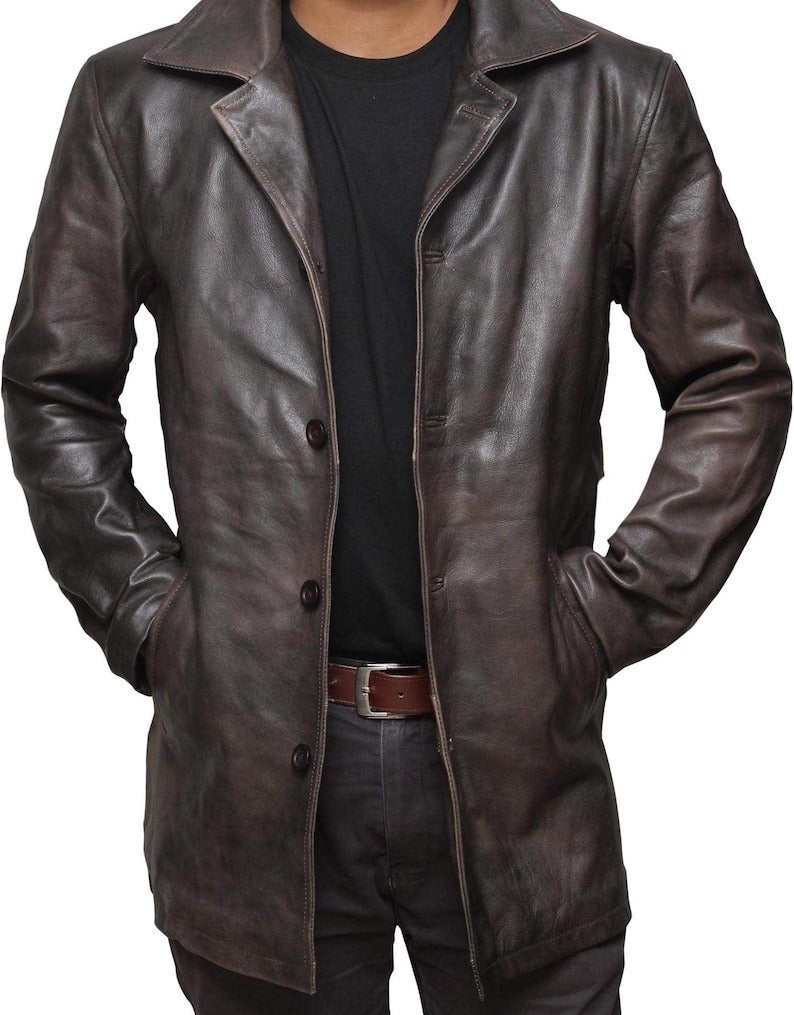 Men’s Dark Brown Leather Coat Jacket with Button Closure