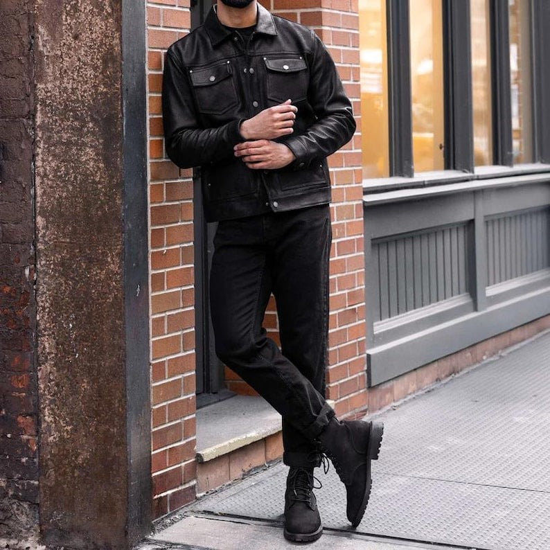 Men’s Black Leather Trucker Jacket